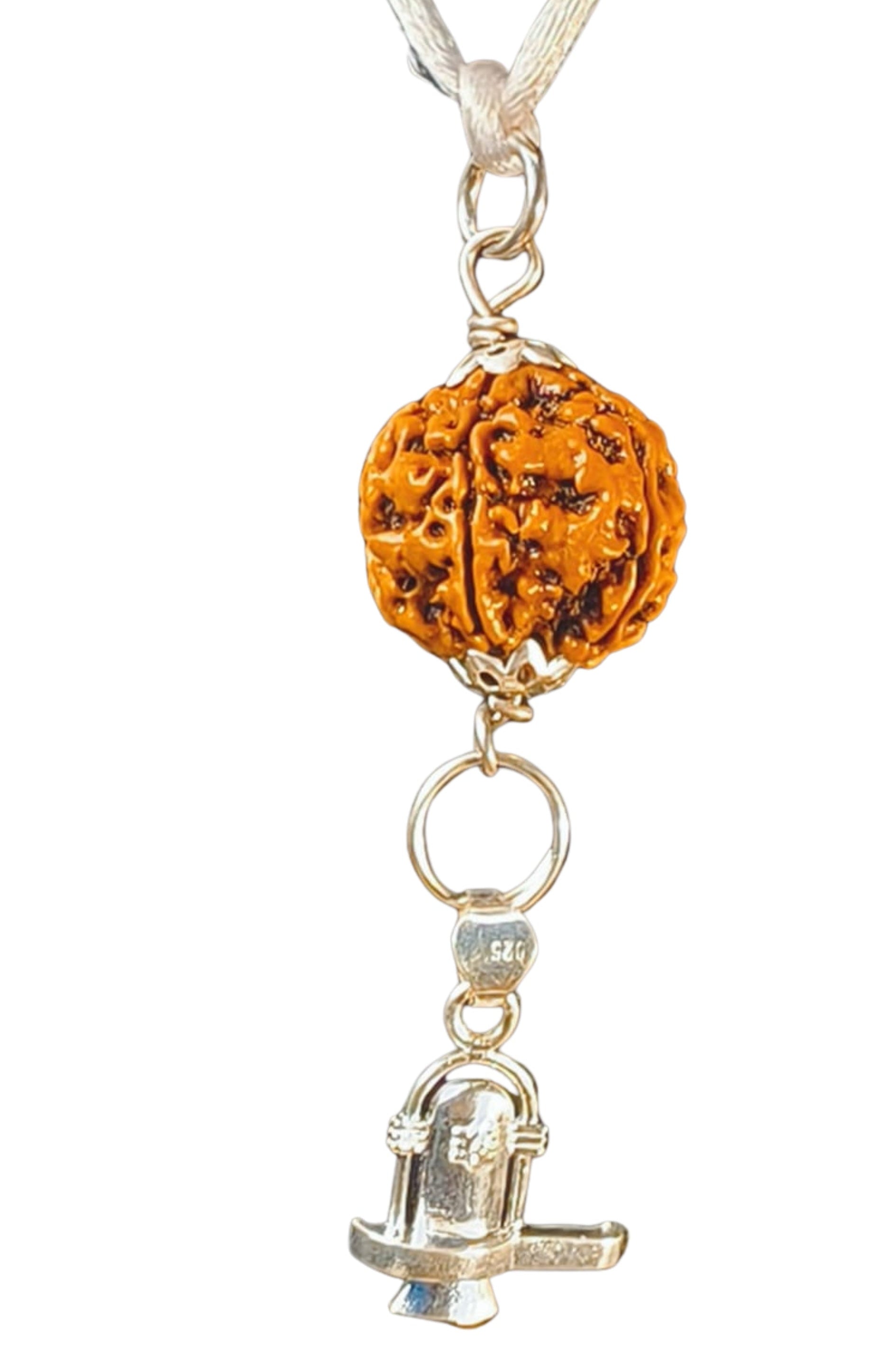 Genuine Authentic Lab certified 5 Mukhi Rudraksha with silver capping and silver shiv ling pendant 