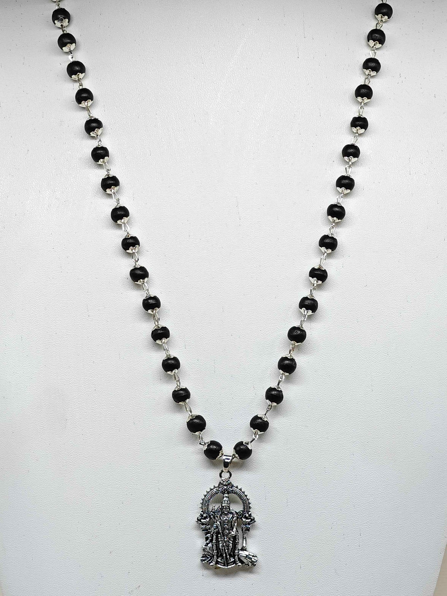 Karungali Mala with Lord Murugan Pendant – Silver Plated Ebony Wood Necklace