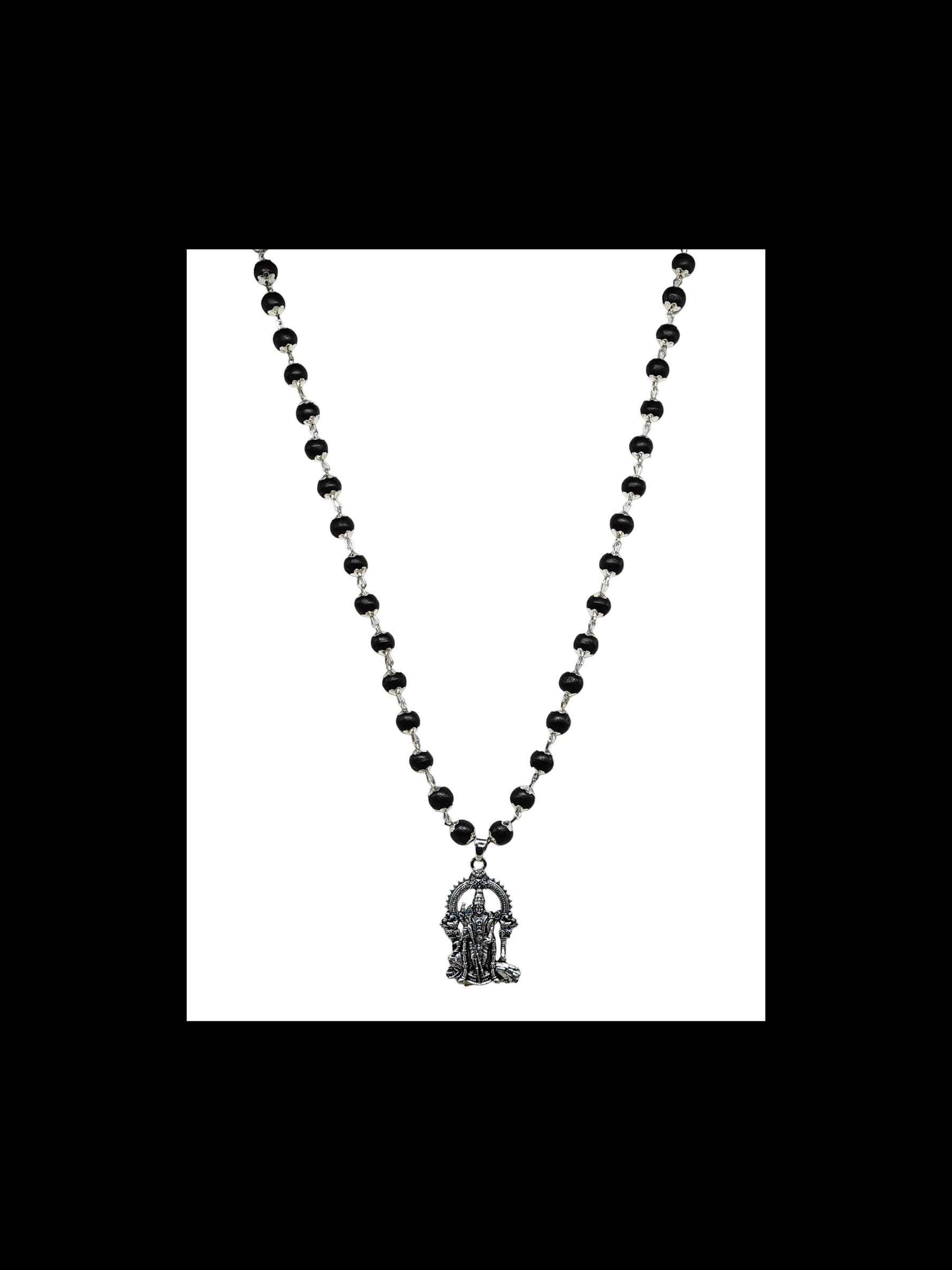 Karungali Mala with Lord Murugan Pendant – Silver Plated Ebony Wood Necklace
