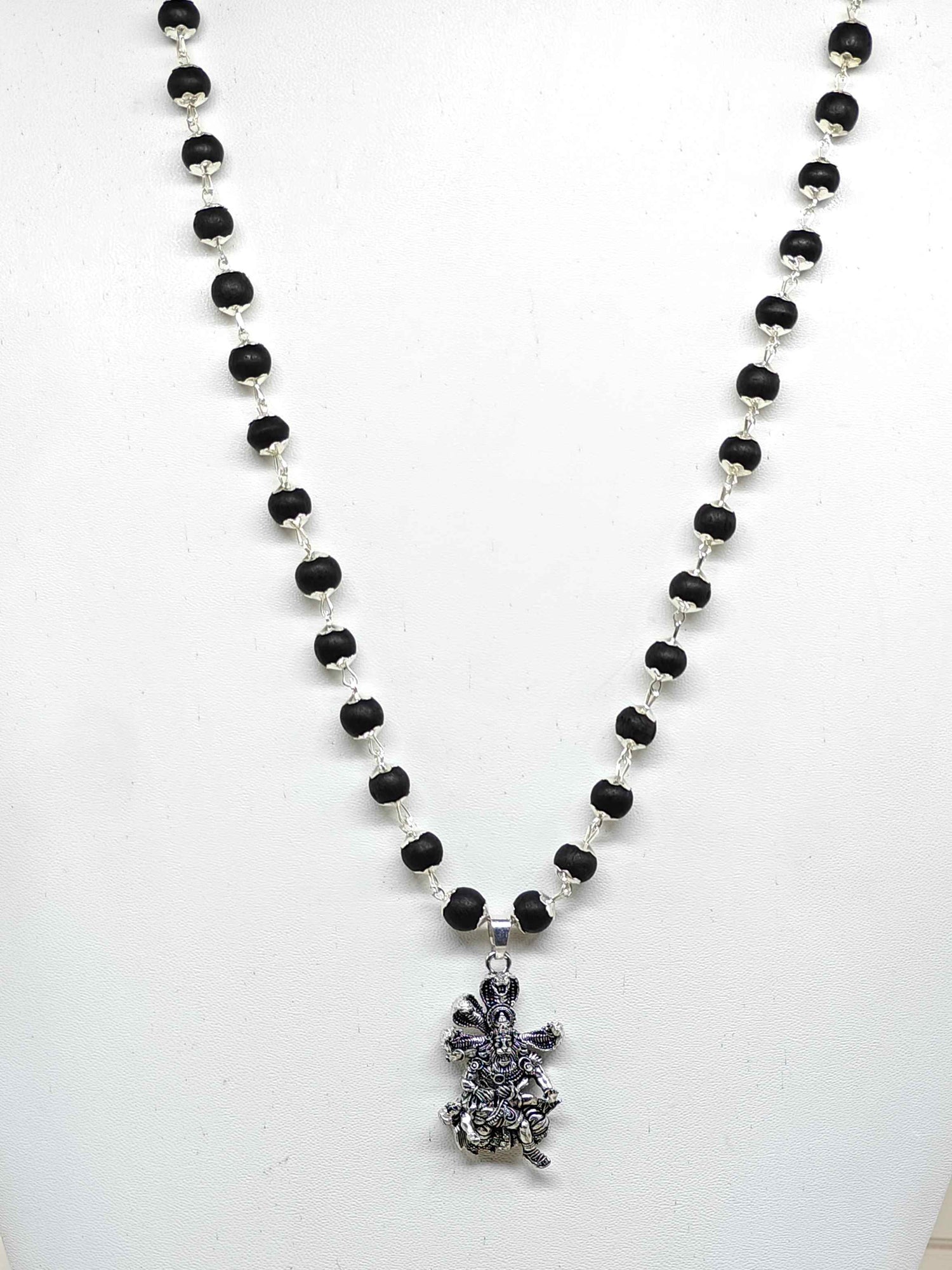 Karungali Necklace with Narasimha Pendant – Silver Plated Ebony Wood Mala