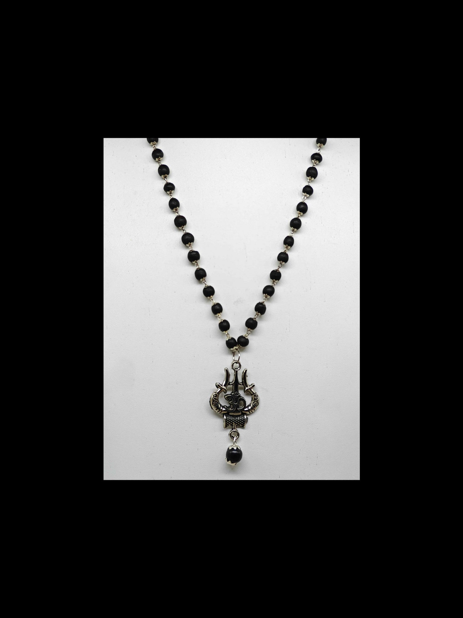 Karungali Mala with Om Trishul Damaru Pendant – Silver Plated Ebony Wood Shiva Necklace
