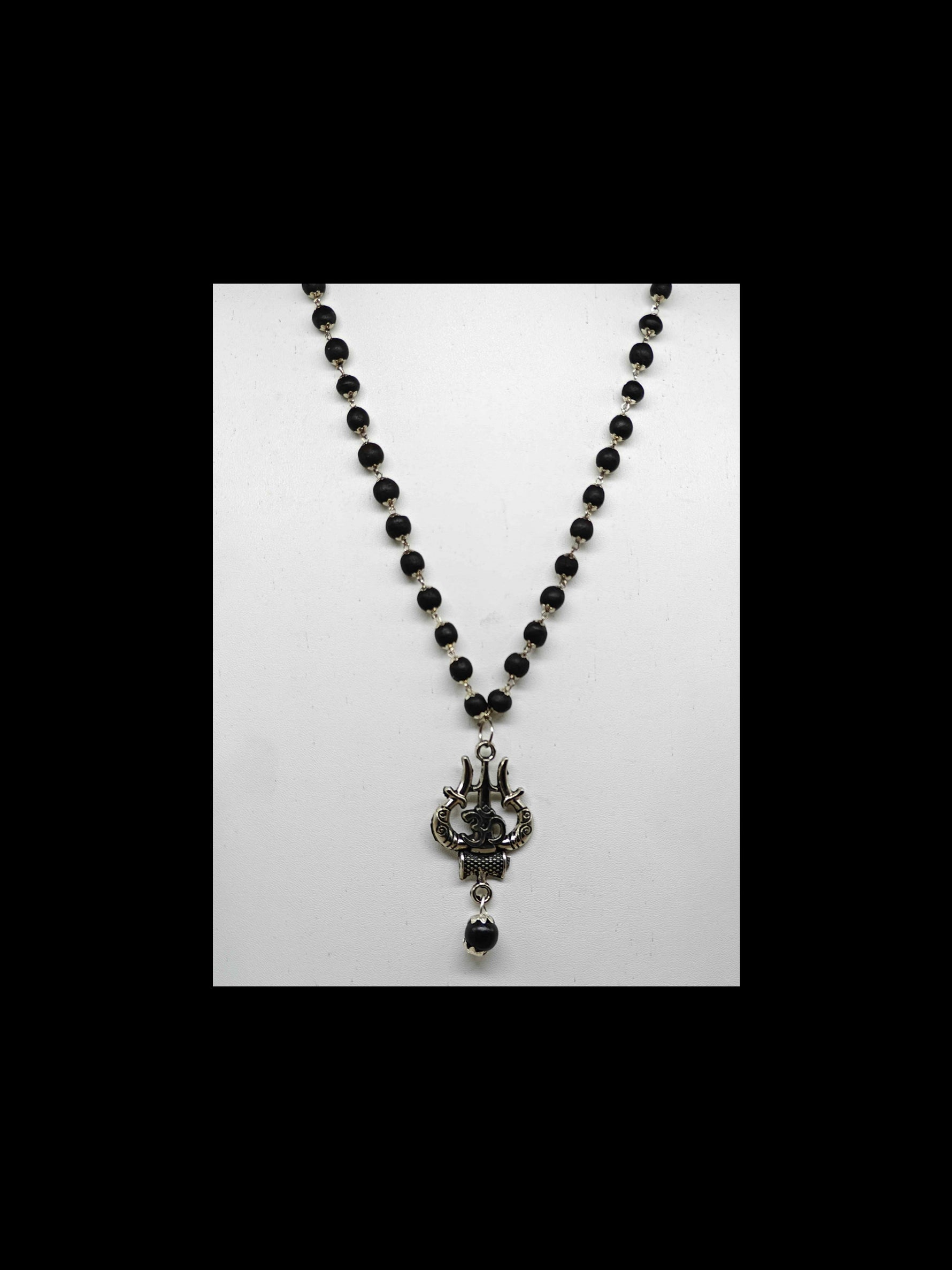 Karungali Mala with Om Trishul Damaru Pendant – Silver Plated Ebony Wood Shiva Necklace
