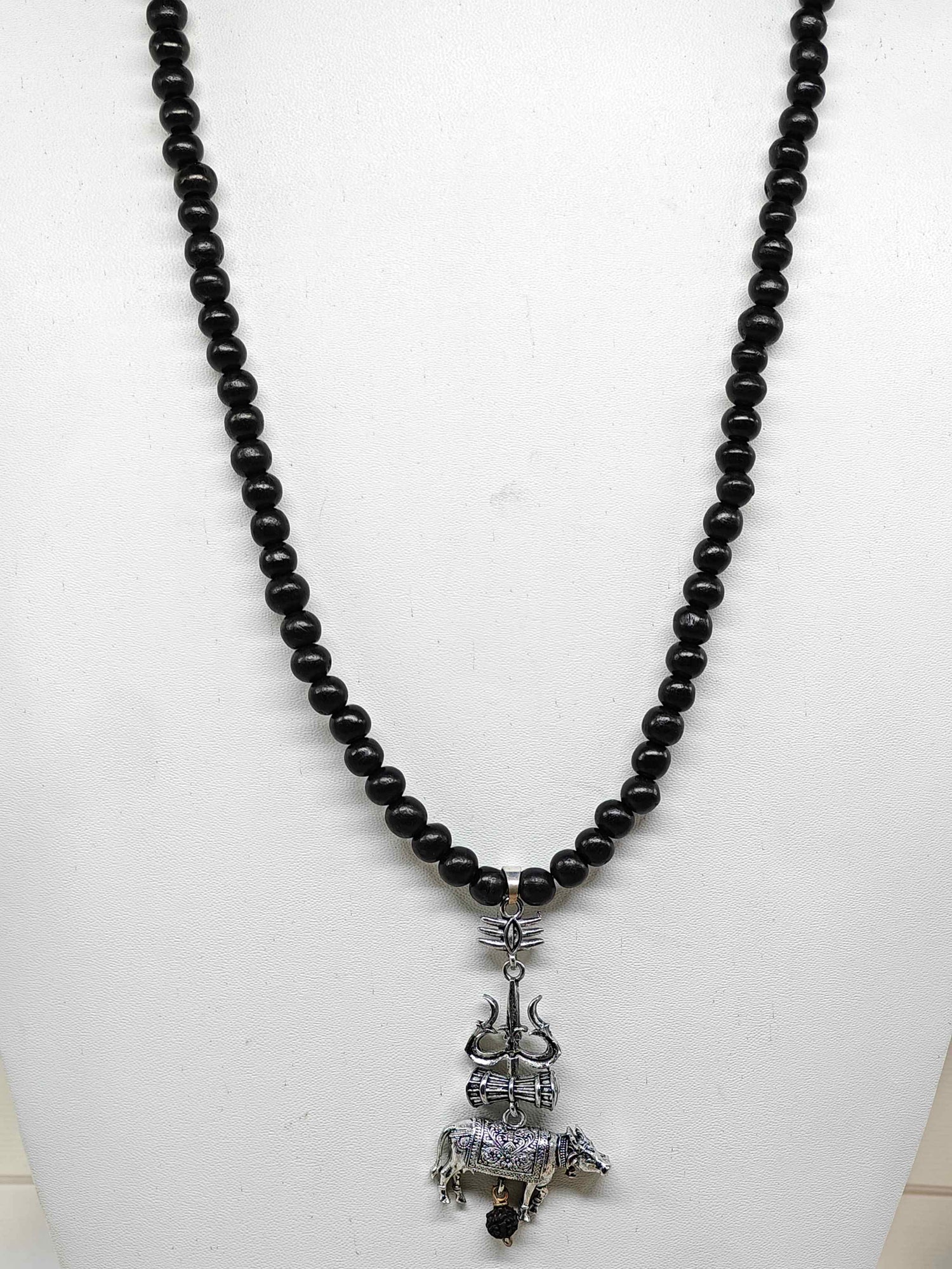 Karungali Mala with Trishul Damaru Nandi Pendant – Ebony Wood Shiva Necklace | Pure Thread Strung