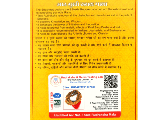 Eight Mukhi 8 Face Indonesian Rudraksha Mala - Rudra Kailash
